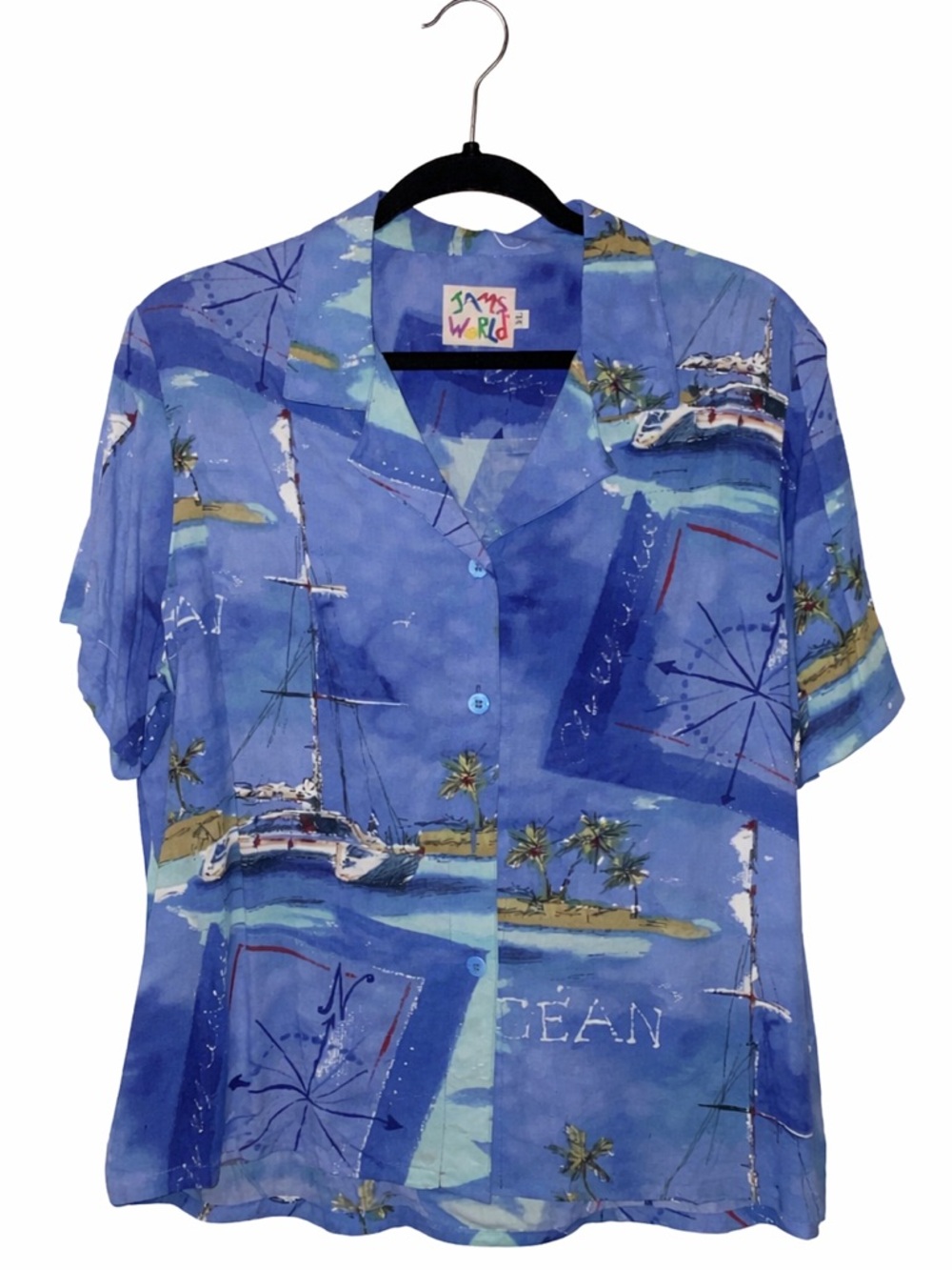 VTG Jams World Blue Tropical Sailboat Button-Down Shirt
